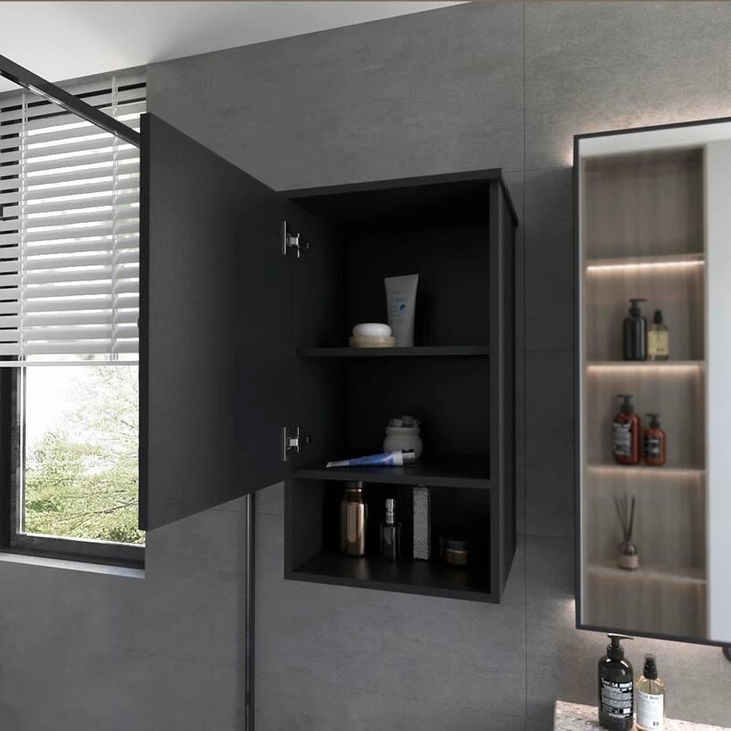 Medicine Cabinet with Mirror Door, Black Finish, Two Internal Shelves and Open Shelf for Easy Access