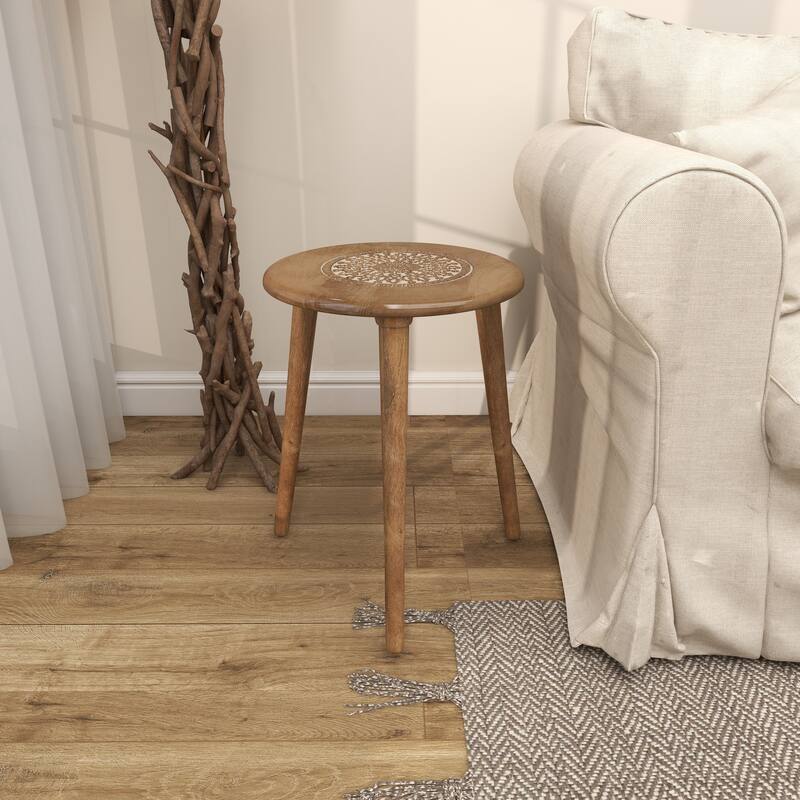 Mango Wood Handmade Intricately Carved Floral Accent Table with Tripod Legs - Dark Brown, White, Brown