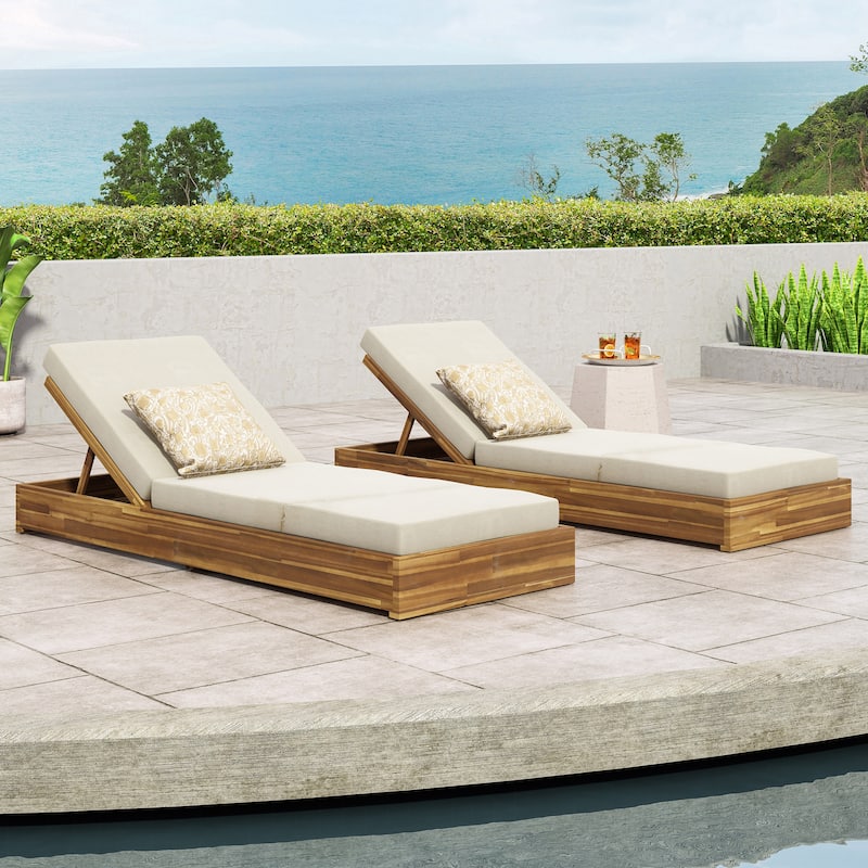 Christopher Knight Home - Elowen Patio Acacia Chaise Lounge With Cushion - Sandblast Teak+Cream+2 Piece+79"