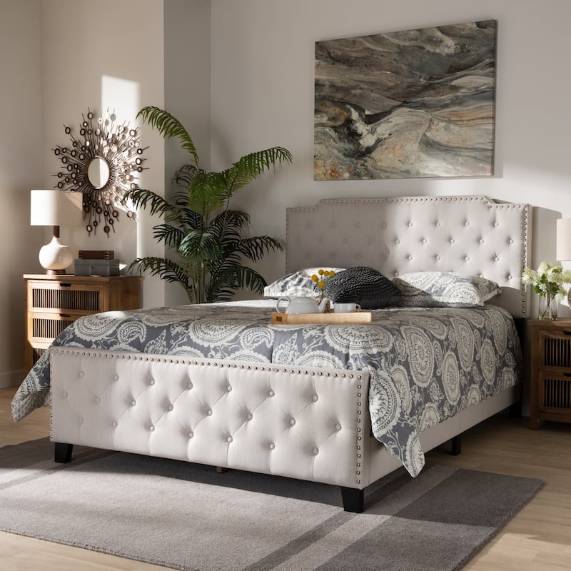 King Size Upholstered Bed - Farmhouse Button Tufted Panel Bed with Nailhead Trim