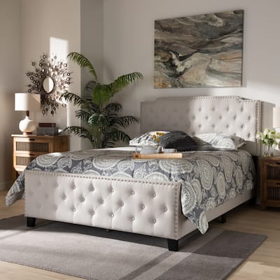 King Size Upholstered Bed - Farmhouse Button Tufted Panel Bed with Nailhead Trim