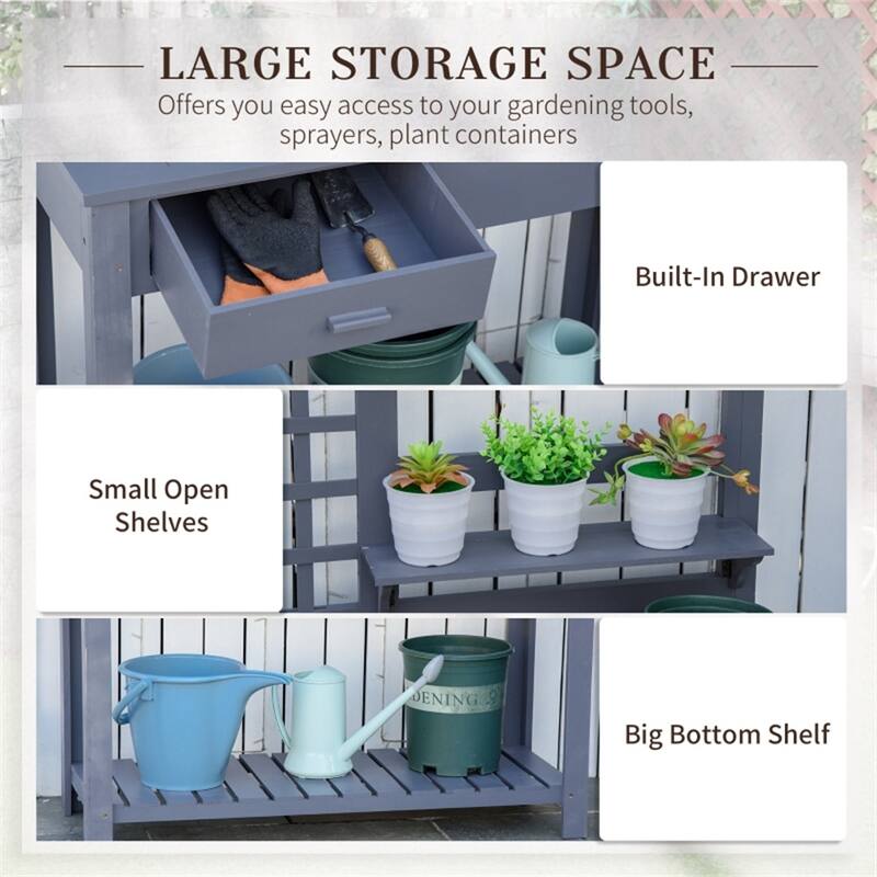 Grey Solid Wood Potting Table with Drawers Top Shelf and Bottom Storage for Gardening - 41.25" W x 16.5" D x 55.75" H