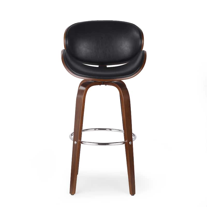 Wood Bar Stool with Swivel Function and Leather Seat, Ergonomic Dining Chair Counter Height Stool with Footrest