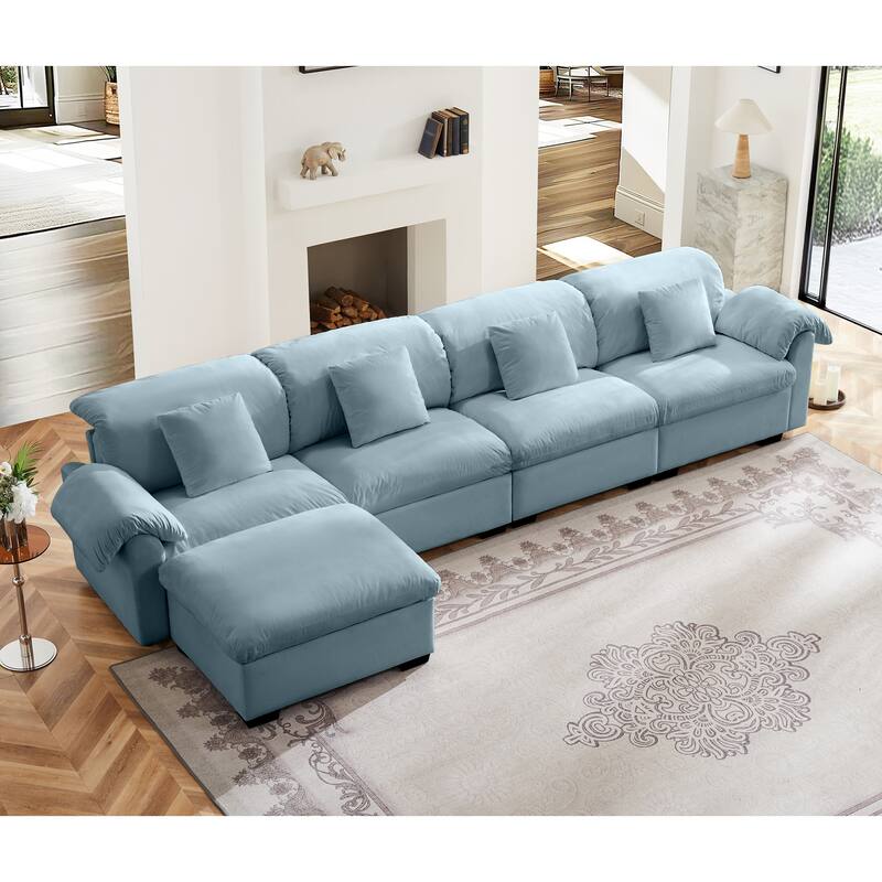 154.7" Velvet L-Shaped Sectional Sofa with Cloud Cushions & Ottoman