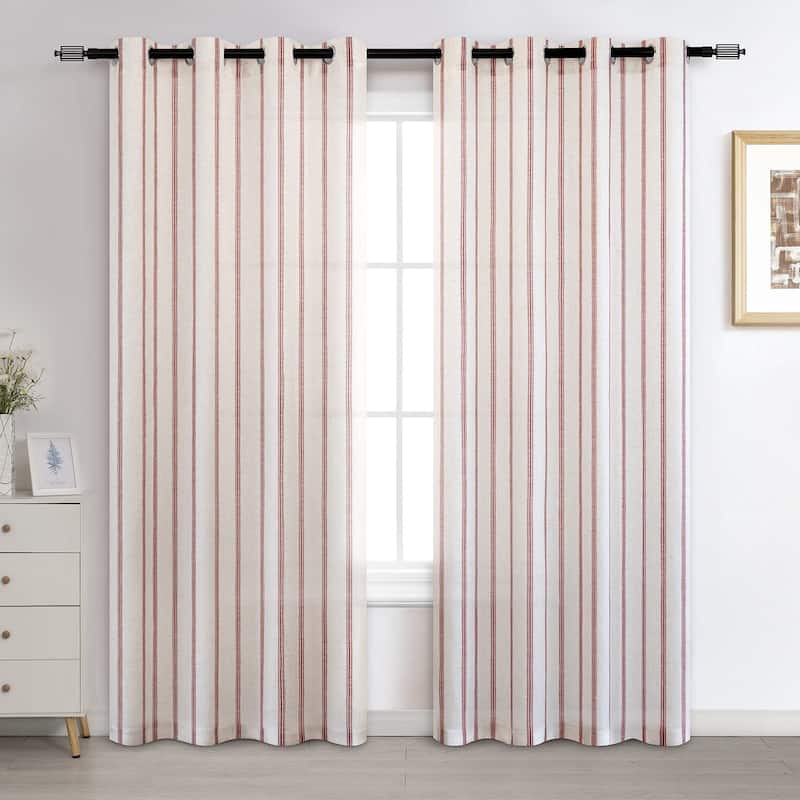 DriftAway Farmhouse Linen Blend Curtains Vertical Striped Printed Drapes - 52" Width X 84" Length - Red