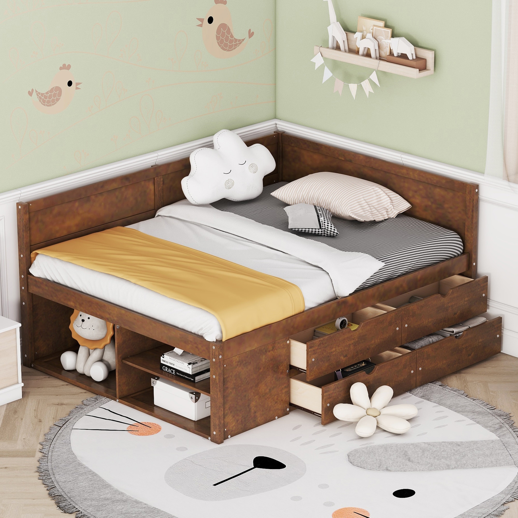 Full Size Daybed with Drawers and Shelves Solid Wood Frame No Box Spring Needed