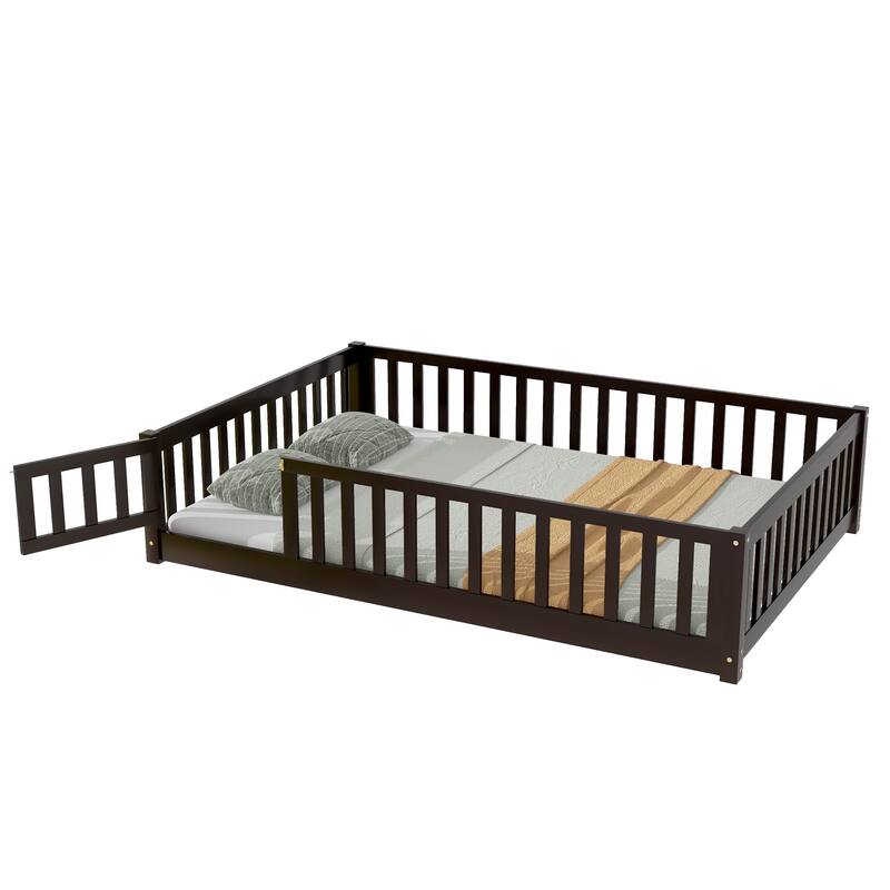 Full Size Floor Bed With Fence And Door,Rubber Wood Floor Bed With Safety Guardrails