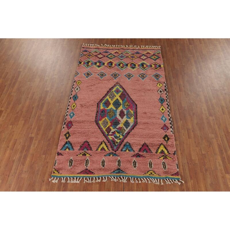 Pink Moroccan Oriental Area Rug Handmade Wool Carpet - 5'1" x 9'7"