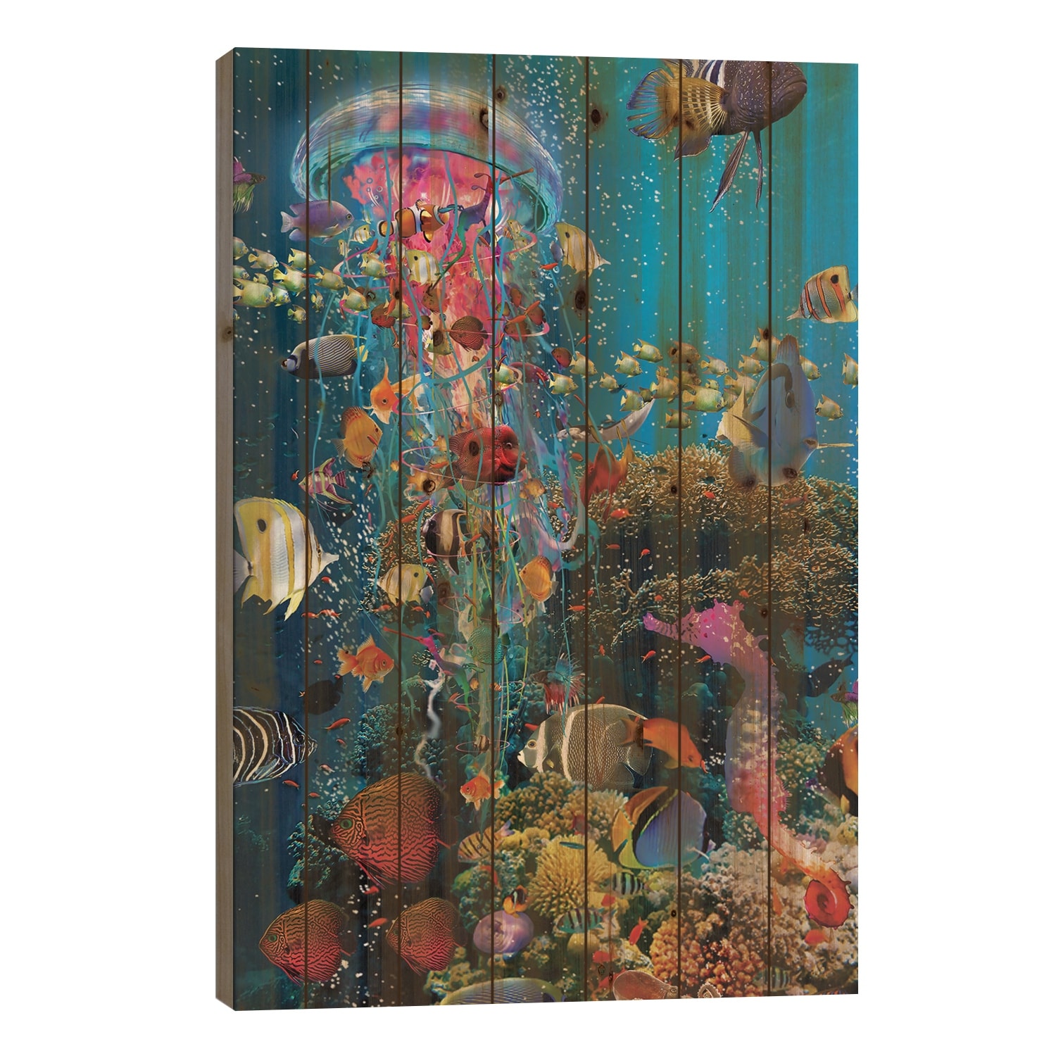 Electric Jellyfish At The Reef Print On Wood by David Loblaw - Multi-Color