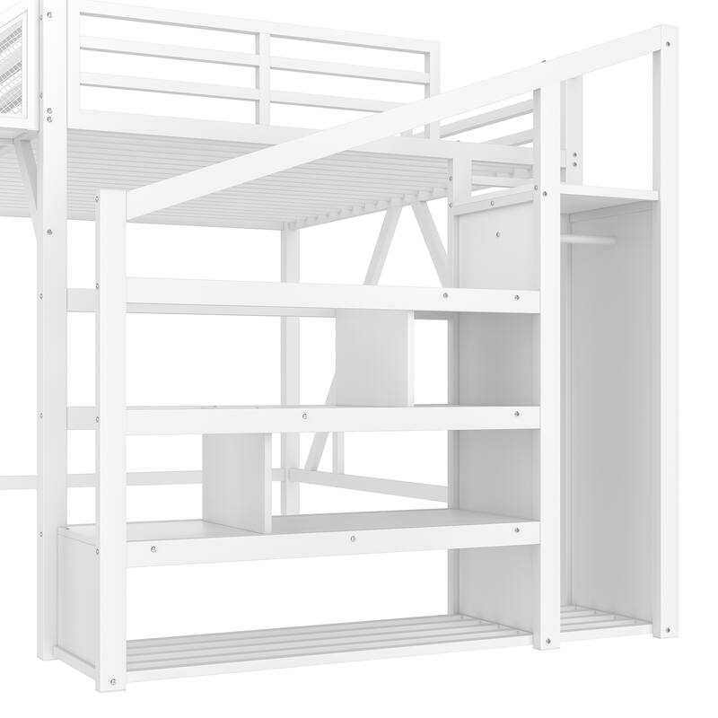 Roomfitters Metal Loft Bed with Wardrobe and Storage Stairs, LED Lights and USB