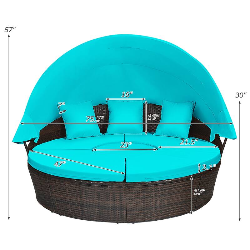Patio Rattan Daybed Cushioned Sofa Adjustable Table Top Canopy