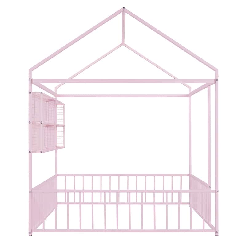 Full Metal House Bed Frame with Storage Shelves & Fence