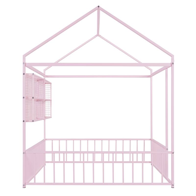 Full Size Metal House Bed Frame with Built-In Grid Shelves, Playful Canopy Design and Space-Saving Storage