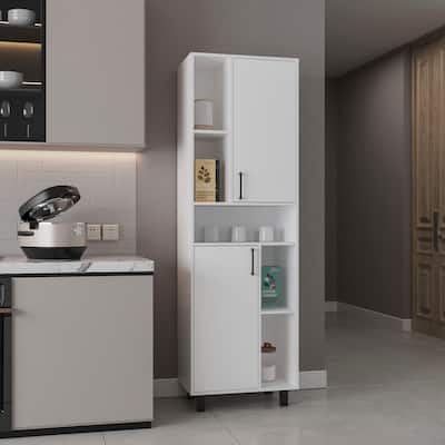 Kitchen Pantry Cabinet, 2 Doors, 4 Legs, 9 Shelves with Durable engineered wood construction, White