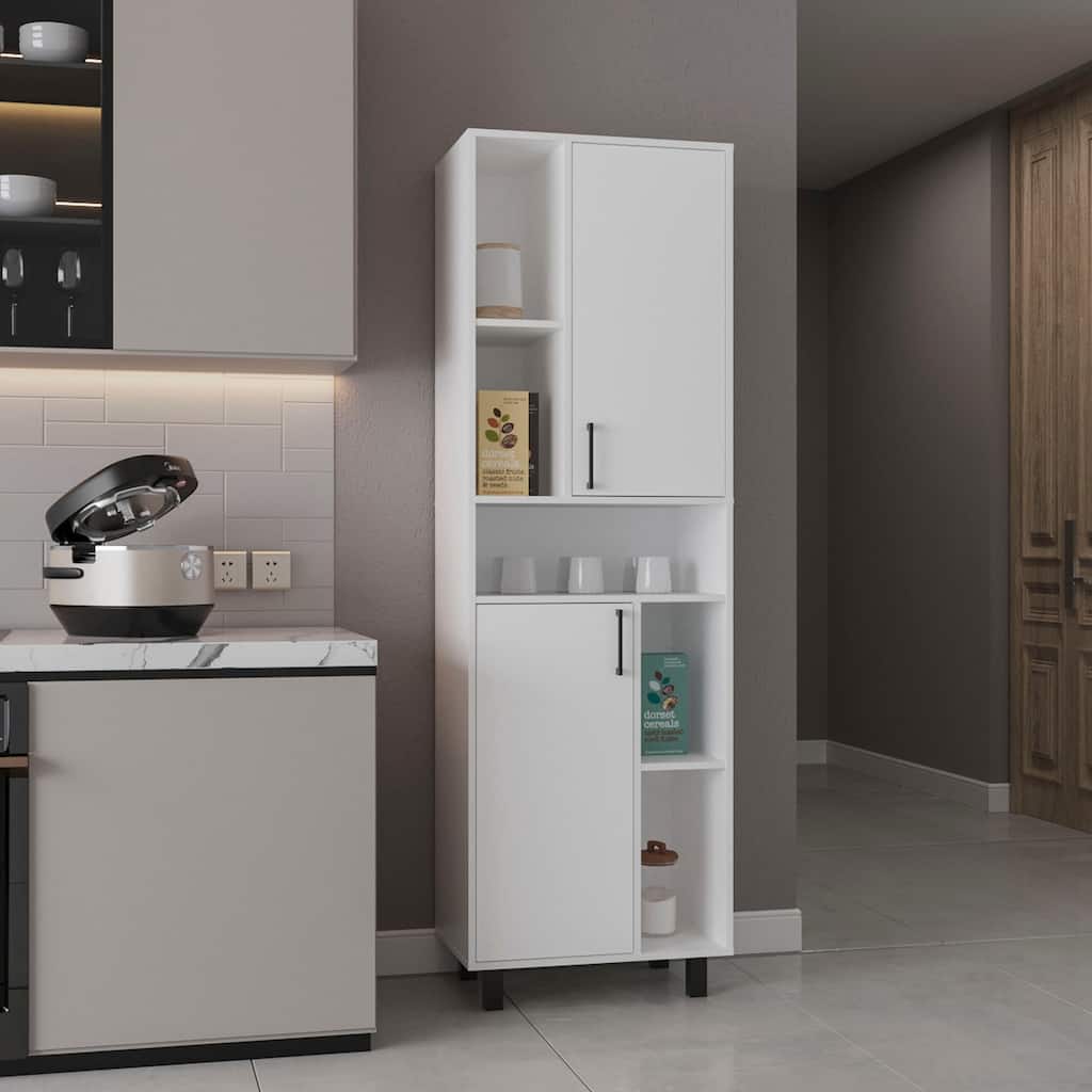 Kitchen Pantry Cabinet, 2 Doors, 4 Legs, 9 Shelves with Durable engineered wood construction, White