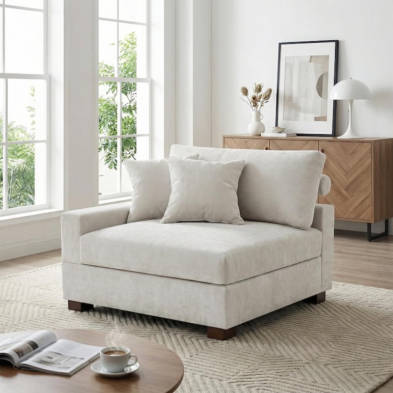 41" W Modern Chenille Corner Arm Accent Chair Sectional Module with Pillows - Lfet Facing - Off White