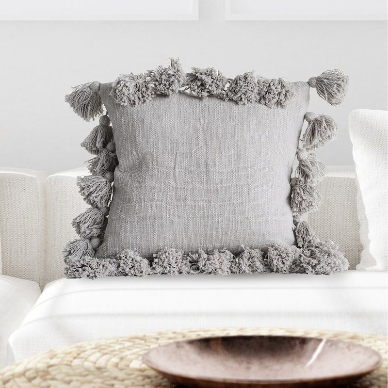 Cotton Pillow with Tassels - Grey