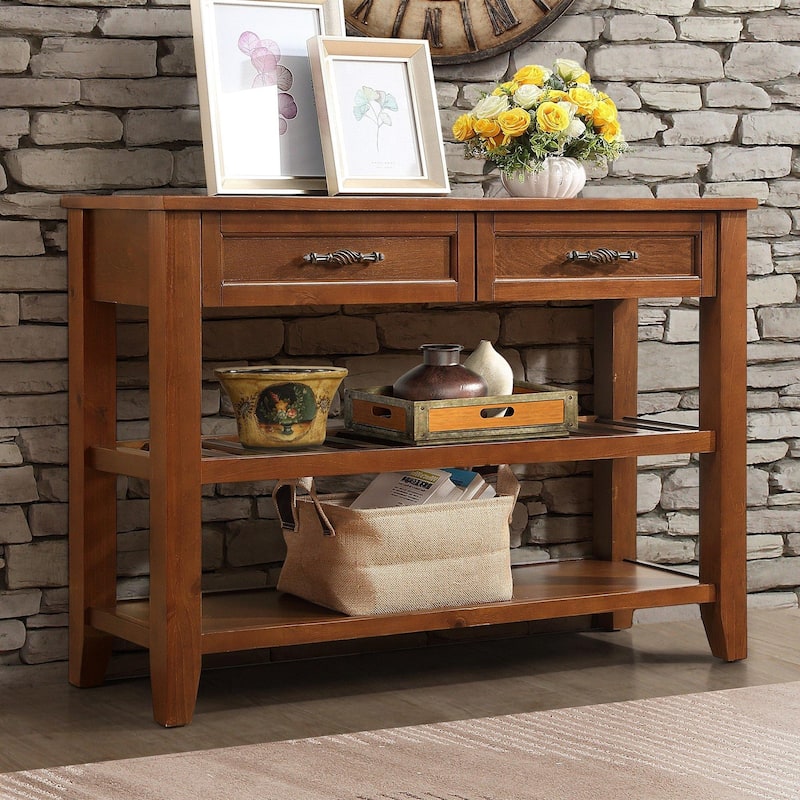 Mid-Century Console Table with Storage Drawers and Shelves - Brown