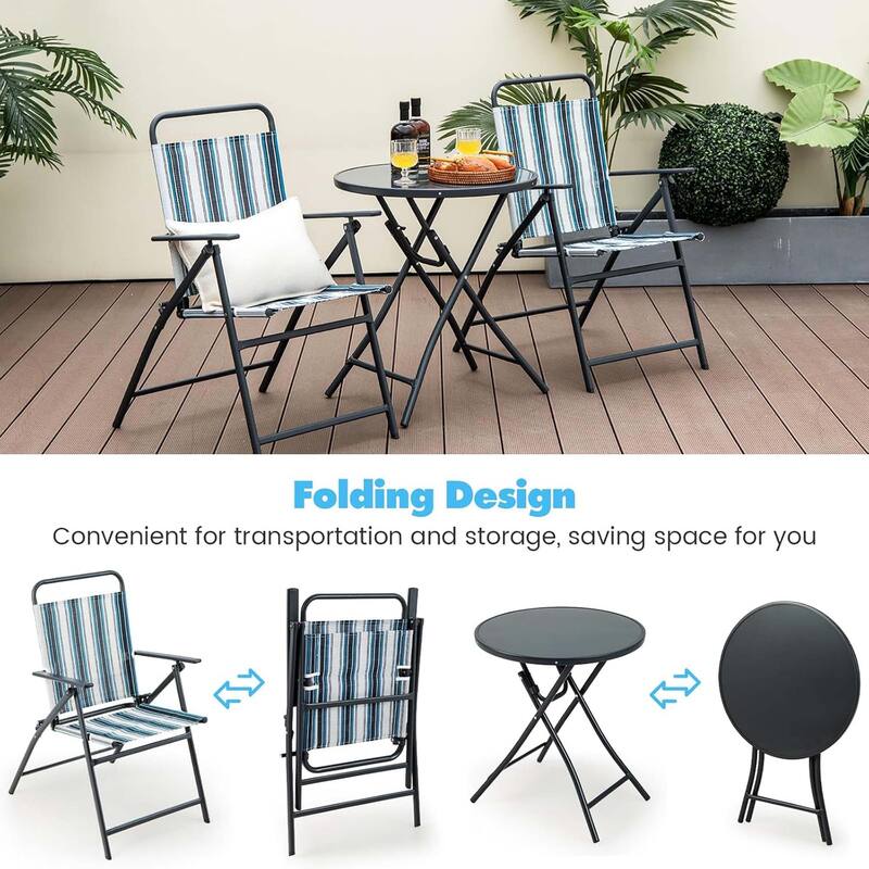 3 PCS Patio Bistro Set Outdoor Folding Table & Chairs Set w/ Metal Frame