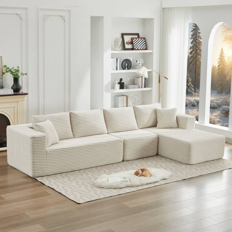 Modular Sectional Sofa with L-Shape Chaise, Oversized Corduroy Upholstered Cloud Sofa, Deep Seat Sofa with 2 Throw Pillows