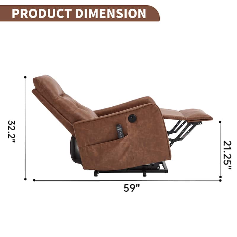 PU Leather Recliner with Single Motor Lift Massage Heat and 155 Degree Recline