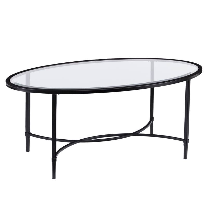 HomeRoots 45" Clear and Black Glass and Metal Oval Coffee Table - 19" H x 45" W x 25" D