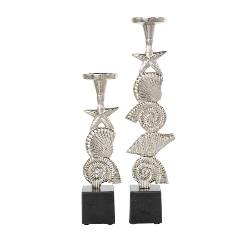 Gold or Silver Aluminum Metal Shell Candle Holder with Black Marble Bases (Set of 2)