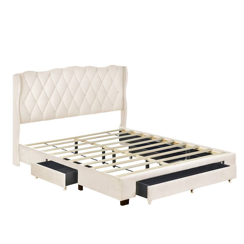 Beige Retro Queen Size Velvet Fabric Upholstered Platform Bed with ...