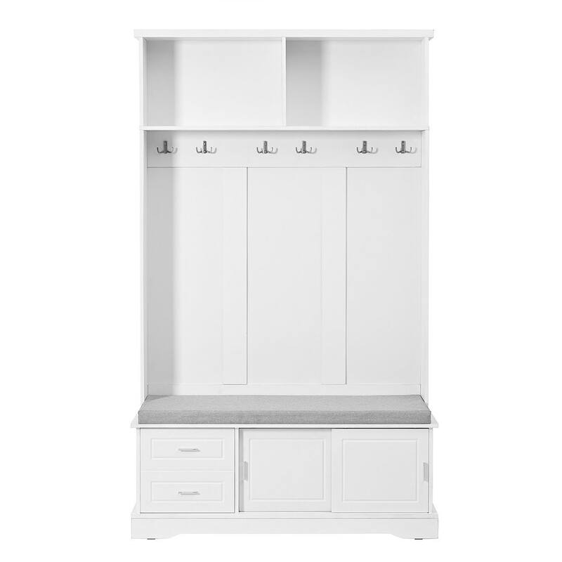 Hall Tree with Sliding Door Bench Cushion Silver Handle Storage Cabinet