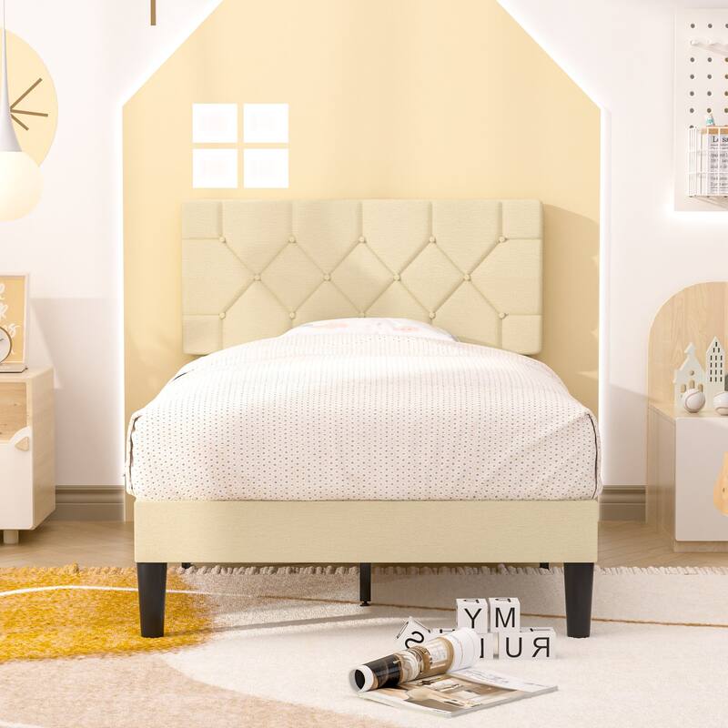2 Pcs Beige Diamond Tufted Twin Bed for Kids Modern Linen Upholstered Platform Bed 7.87" Underbed Storage No Box Spring Needed