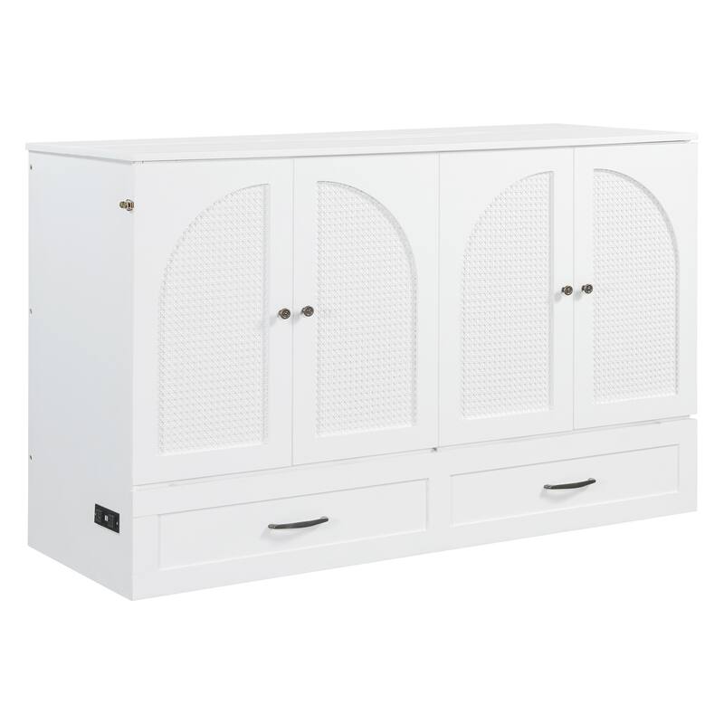 Space-Saving Queen Size Murphy Bed with Drawers and USB Charging, White