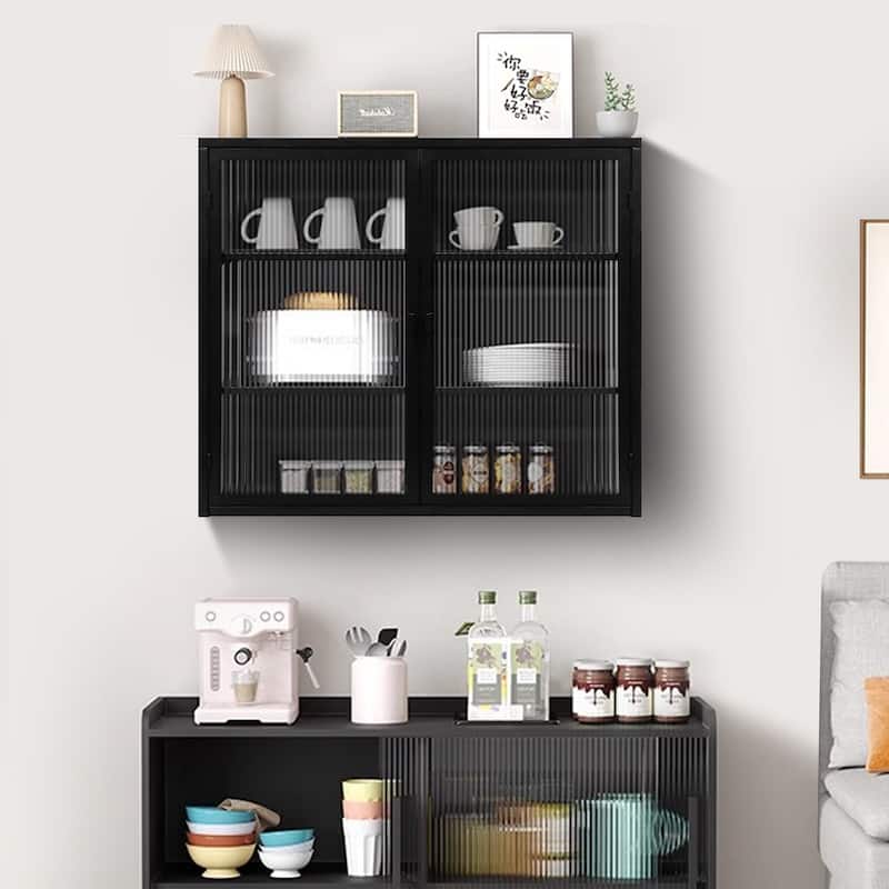 27.56"Glass Doors Modern Two-door Wall Cabinet with Featuring Three-tier Storage,Black - Black