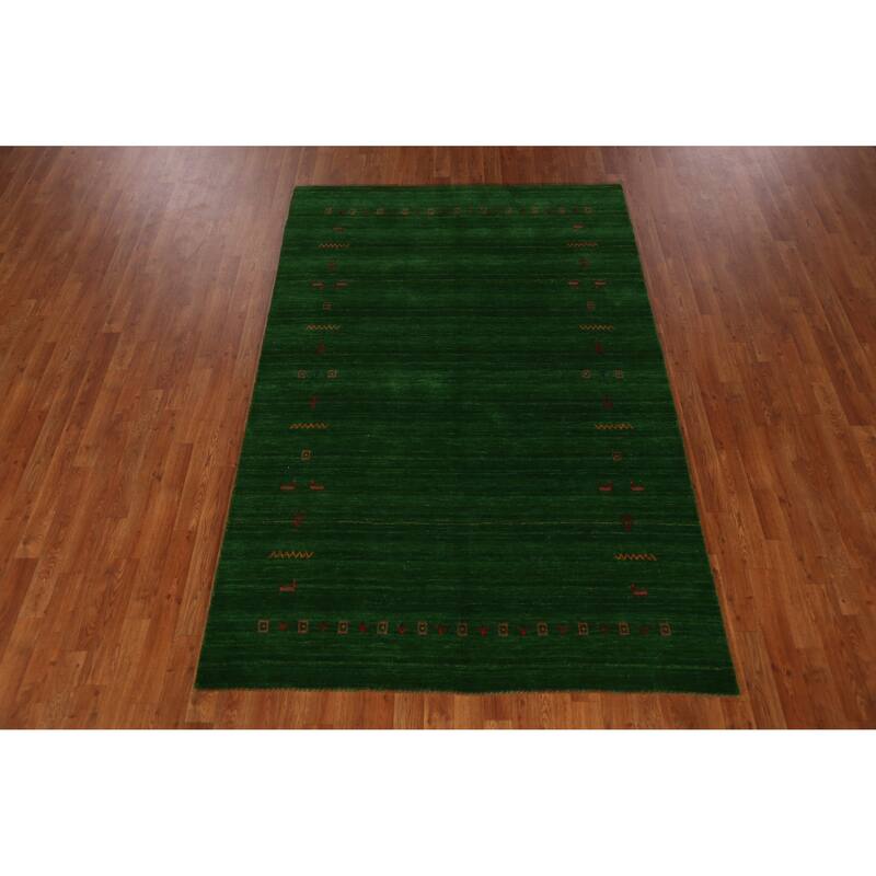 Green Gabbeh Indian Rug Handmade Wool Carpet - 5'1" x 7'8"