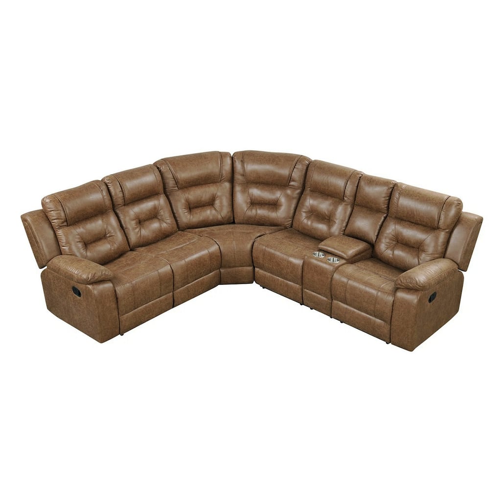 Leatherette Upholstered Manual Reclining Sectional Sofa with Cup Holders in Brown