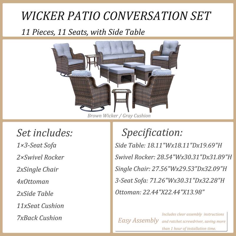 11 Piece Outdoor Wicker Patio Conversation Furniture Swivel Chairs Set