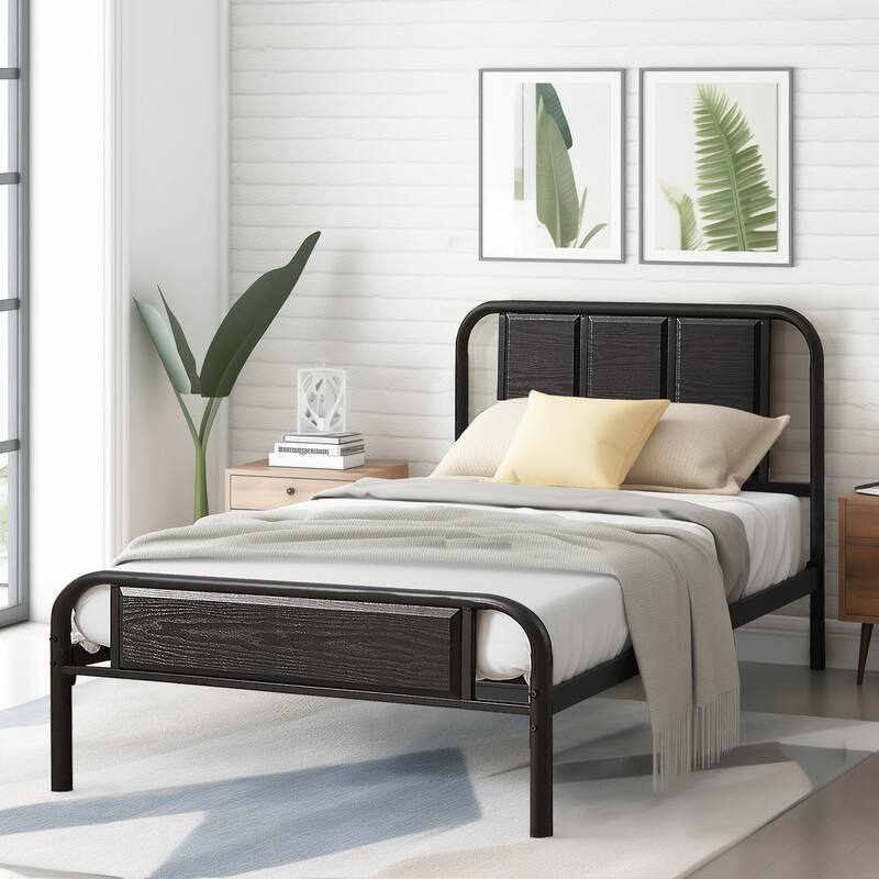 Javlergo Modern Platform Metal Bed Frame with Headboard, Steel Slat Support/No Box Spring Needed, Black