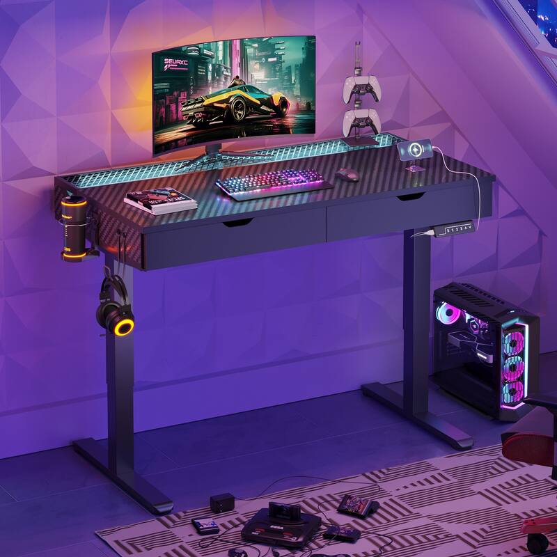 Standing Desk Electric Height Adjustable Gaming Desk with Drawer USB Port and LED Light Computer Desk