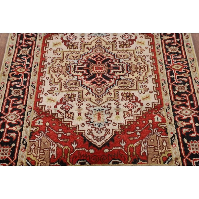 Ivory Geometric Heriz Serapi Indian Rug Hand-Knotted Wool Carpet - 3'11" X 5'10"