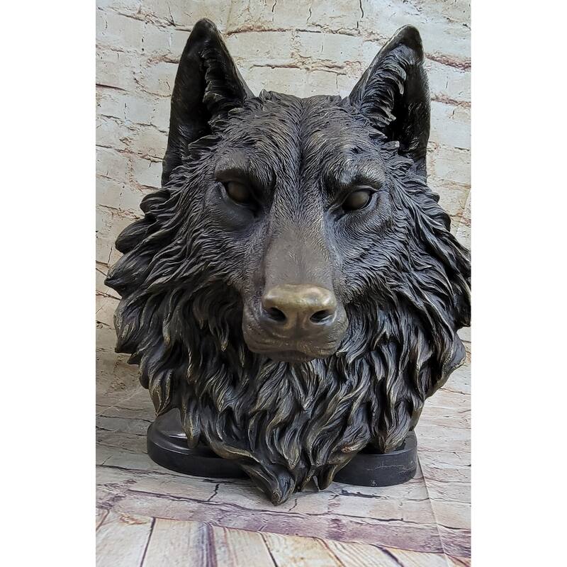 Wall Mounted Hanging Wolf Head Bust Bronze Sculpture Decor Signed Original Art