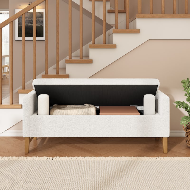 Christopher Knight Home - Tommy Boucle Upholstered Storage Ottoman with Solid Wood Legs and Pillows