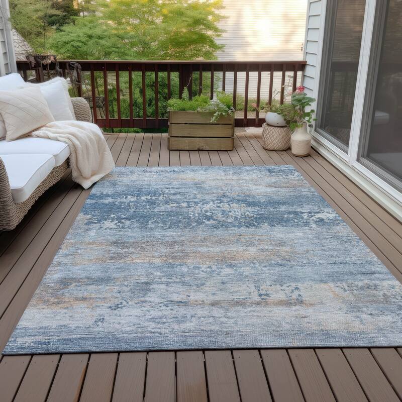 Machine Washable Indoor/Outdoor Contemporary Chantille Rug - Denim - 10' x 14'
