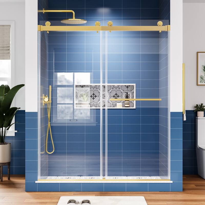 59 in. W x 72 in. H Sliding Frameless Shower Door with Tempered Glass - 59" x 72" - Brushed Gold