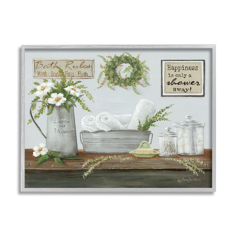 Stupell Farmhouse Bathroom Counter Still Life Motivational Phrases Framed Wall Art - Blue - 20 x 16 - Grey