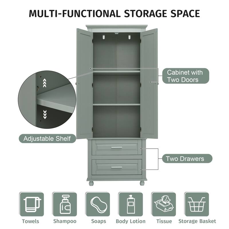 Freestanding Tall Storage Cabinet with 2 Drawers, 2 Doors, Round Legs and Adjustable Shelf for Bathroom Office Kitchen
