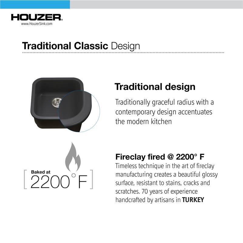Houzer Platus 18-7/8" Undermount Single Basin Fireclay Bar Sink