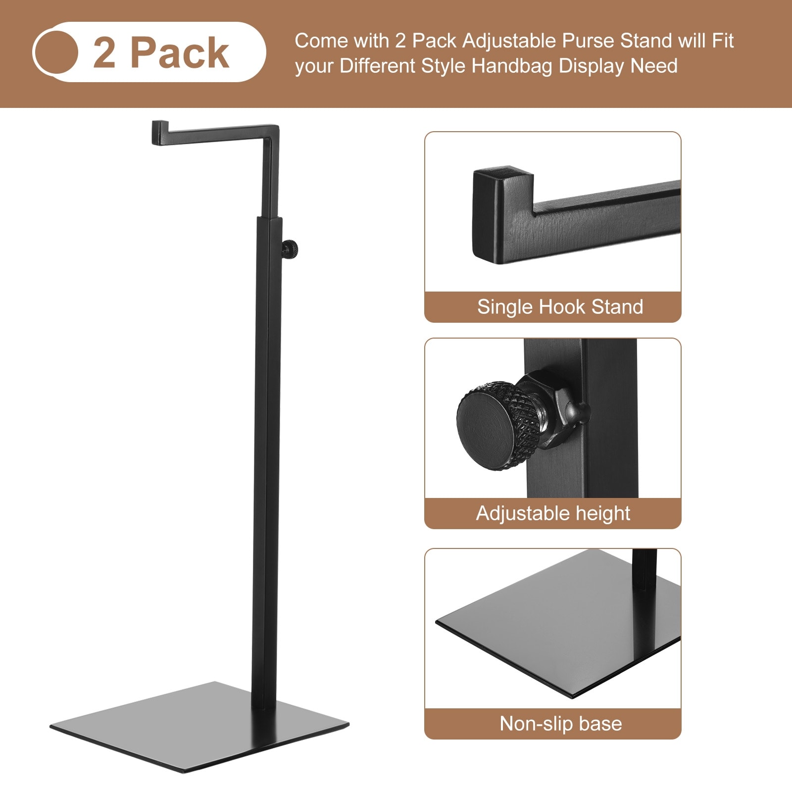 Purse Display Stand 2 Pack Adjustable Handbag Rack Tabletop Holder Black