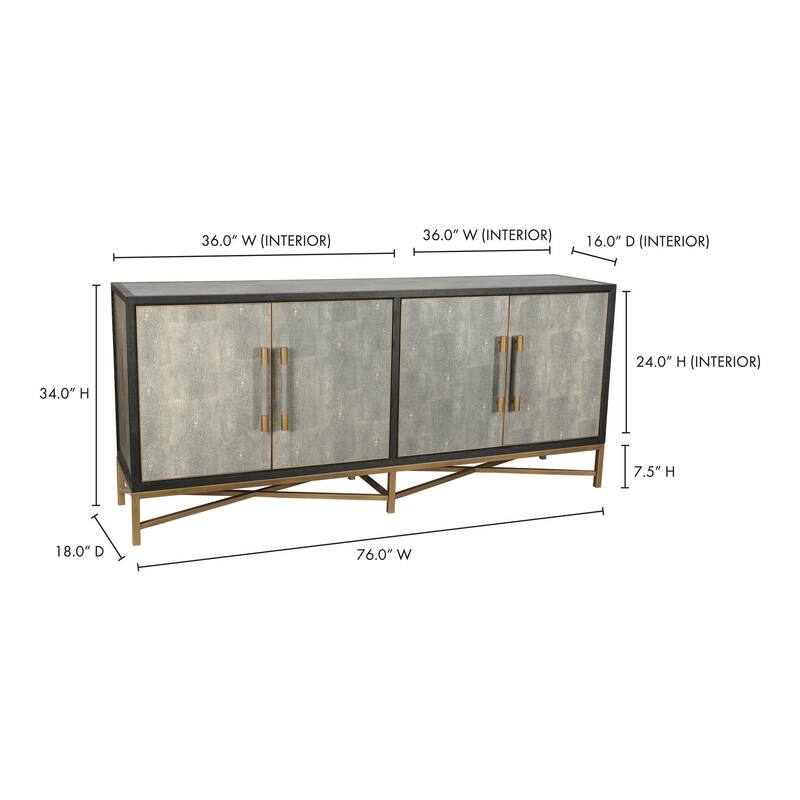 NADAAL STUDIOS Vaughn, Sideboard, Shagreen Patterned Vegan Leather with Brass Legs - 76"W x18"D x34"H