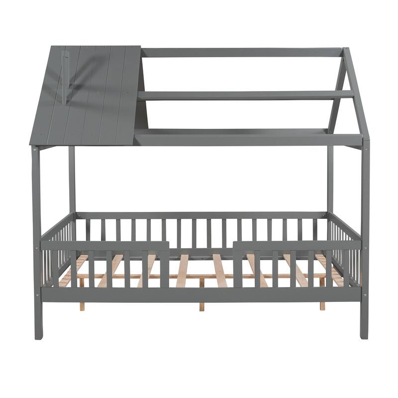 Montessori Full/Twin Size House Bed with Roof, Kids Playhouse Bed with Fence, Wood Platform Bed, No Box Spring Required