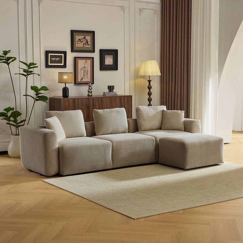 112.2‘’ W Corduroy Modern Compressed Block Sectional Couch with Plush Cushions - Kakhi - L-Shaped