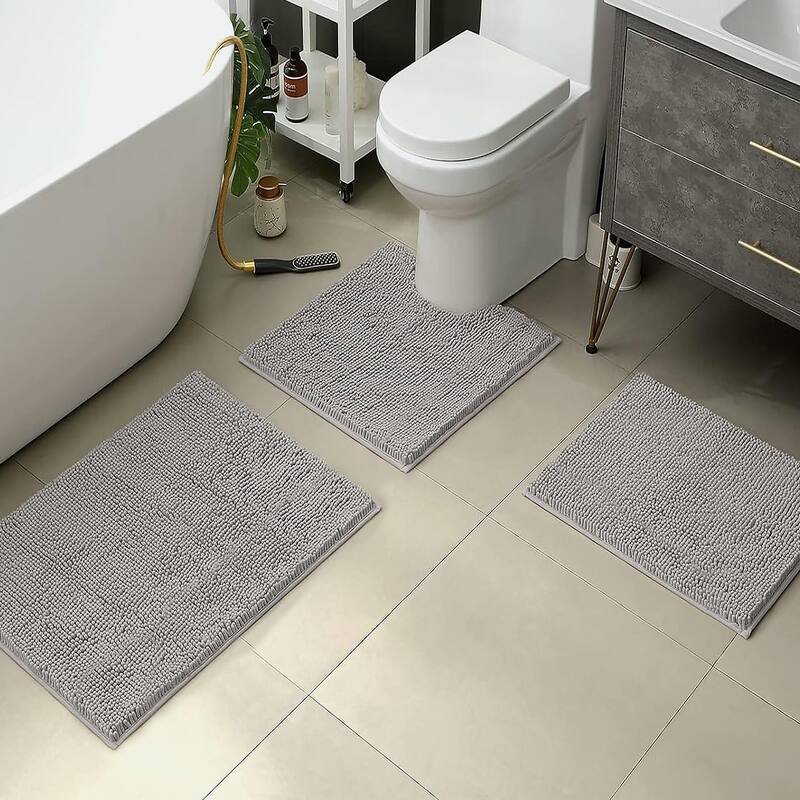 3 Piece Set Light Grey Soft Cozy Plush Chenille Bath Mat Bathroom Rug - Light Grey - 30"x20"R+23"x15"+20"x20"U